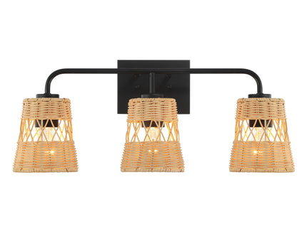 Moonlit - 3 Lights Wall Sconce With Shade, Bathroom Lighting Fixtures Over Mirror - Black / Rattan