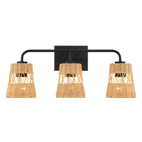 Moonlit - 3 Lights Wall Sconce With Shade, Bathroom Lighting Fixtures Over Mirror - Black / Rattan