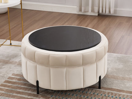 Upholstered Round Ottoman With Reversible Lid, Channel Tufted Pumpkin Shape