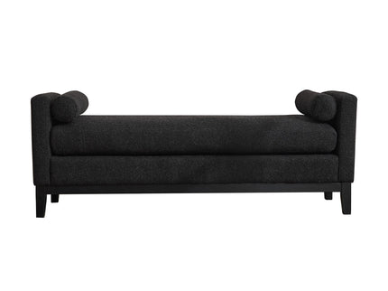 Elegant Upholstered Bench, Daybed, Ottoman With Wood Legs & 2 Bolster Pillows - Black Boucle