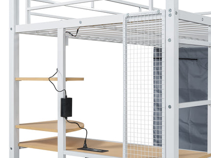 Loft Bed With Desk, Shelves, Power Outlet, LED Light And Wardrobe