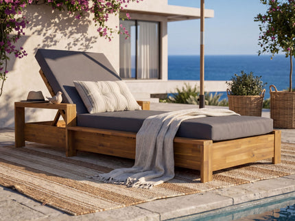 Chaise Lounge With Armrests, 2 Fold Cushion Set, 3 Position Adjustable Backrest, For Patio Pool - Dark Gray / Teak