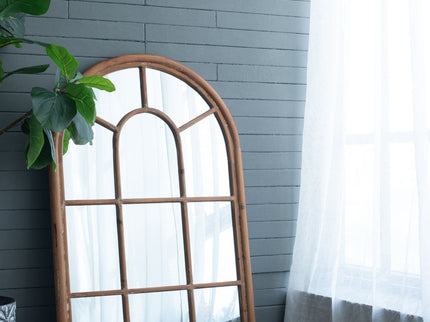 Large Arched Accent Mirror With Frame With Decorative Window Look Classic Architecture Style Solid Fir Wood Interior Decor - Brown