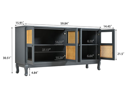 Retro Industrial 4 Door Sideboard With Large Storage, Rattan And Glass Doors