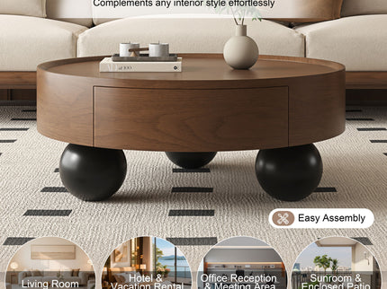 Round Coffee Table With Storage Drawer And Ball Feet - Walnut / Black