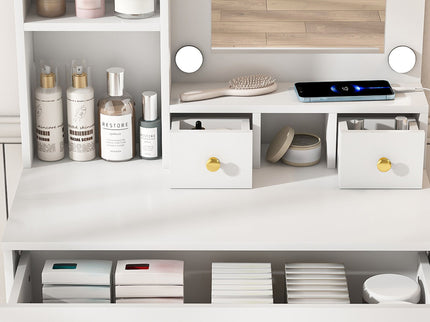 Vanity Table With Mirror, Adjustable LED Lights, Power Outlet, Hairdryer Holder & Stool