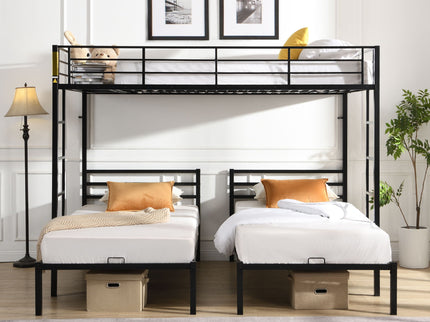 Modern Metal Triple Bunk Bed With Vertical Ladder, Safety Rail, And Storage Shelf - Black