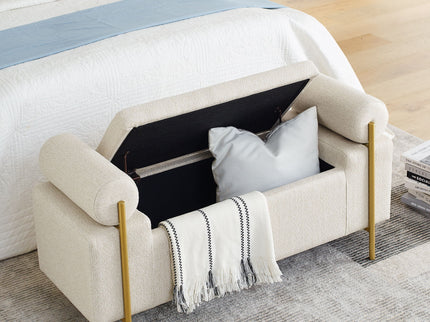 Elegant Upholstered Storage Bench With Cylindrical Arms And Iron Legs,