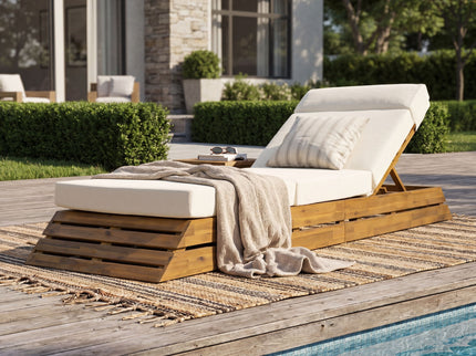 Chaise Lounge Set With 4 Fold Cushion And Built In Headrest, 3 Position Adjustable Backrest, For Patio - Beige / Teak