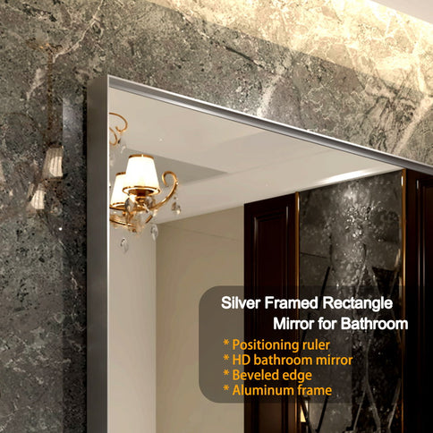 48X30" Wall Mounted Bevel Wall Mirror For Bathroom Silver Metal Frame Decorative Rectangular Home Decor Corner Hangs Farmhouse Mirror (Horizontal & Vertical) - Silver