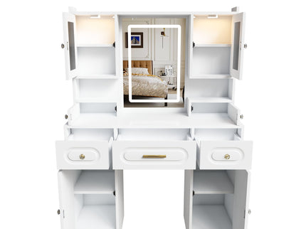 Large Vanity Table Set With Mirror, 6 Drawers & Shelves, Power Socket, Hair Dryer Holder, Cabinet Light, Dressing Desk - White