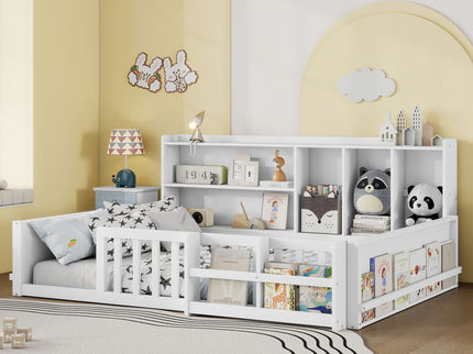 Platform Bed Frame With Guardrail, Storage Shelves & Bookshelf