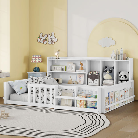Platform Bed Frame With Guardrail, Storage Shelves & Bookshelf