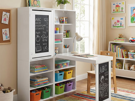 Folding Desk With Storage, Foldable Convertible Writing Table With Blackboard And Shelves For Home Office