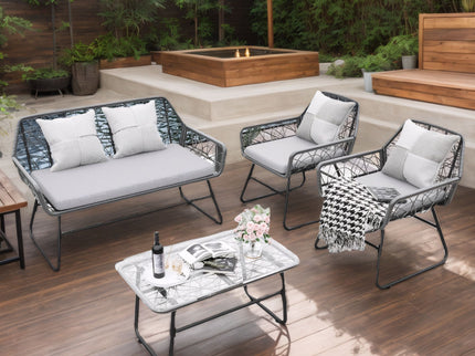 4 Piece Wicker Patio Furniture Set With Tempered Glass Table And Detachable Cushions