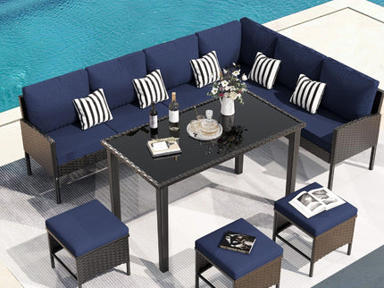 7 Piece Outdoor Furniture Set With Waterproof Cushions, Glass Table, And Space Saving Design - Blue