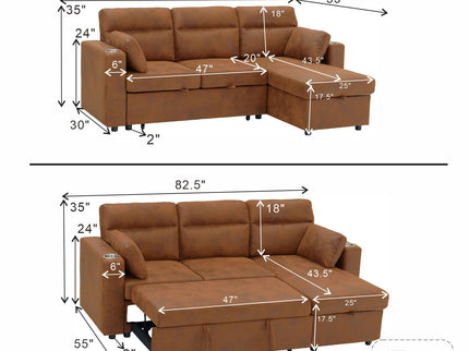 Convertible L - Shaped Sectional Sofa Bed With Storage Chaise, Cup Holders