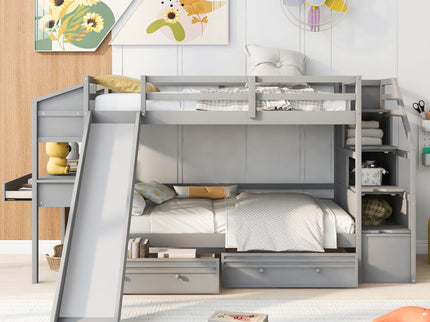 Bunk Bed With Storage Staircase, Slide, Desk, Drawers, And Shelves