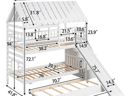 House Bunk Bed With Trundle, Storage Staircase, Roof And Window Design