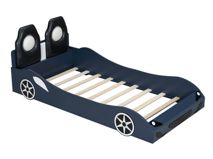 Race Car Shaped Platform Bed With LED And Upholstered Backrest In