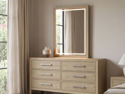 Adeline - 6 Drawers Dresser & Mirror With Jewelry Box & LED Light - Natural Wood Wash