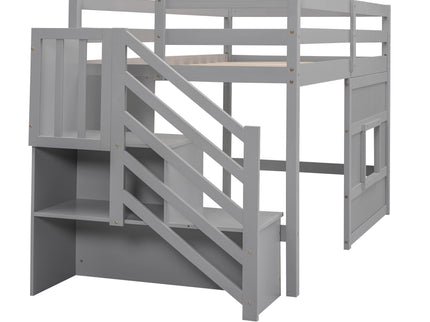 Loft Bed With Storage Staircase, Window & LED Light