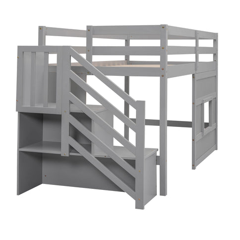 Loft Bed With Storage Staircase, Window & LED Light