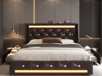 Wingback Upholstered Bed Frame With LED Lights, Charging Station