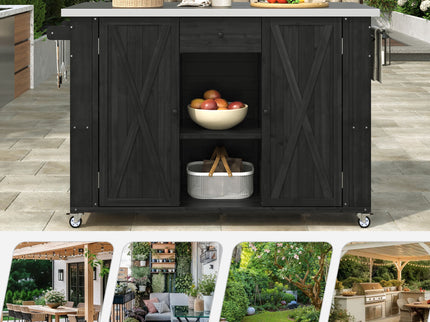 Outdoor Kitchen Island With Stainless Steel Top, Ample Storage Space, Towel And Spice Racks And A Bottle Opener