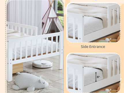 Bed With Headboard Storage Rack, 2 Under Bed Drawers, 3 Side Guardrails For Safety