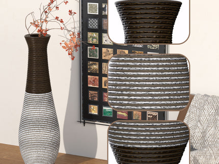 Tall Standing Designer Floor Vase Durable Artificial Rattan Elegant 2 Tone Finish Ideal Decor Accent For Living Room, Bedroom, Entryway Stylish Home Decor Statement Piece - Black / Gray