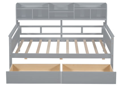 Daybed, Slat Support, With Bedside Shelves And 2 Drawers
