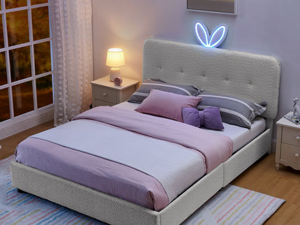 Upholstered Bed With Oversized Rabbit Ear Headboard, LED Lights & 4 Storage Drawers
