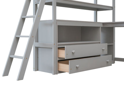 Modern Loft Bed With Built In Desk, Shelves, And 2 Drawers