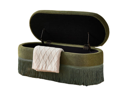 Oval Upholstered Storage Ottoman With Fringe Trim & Lift Top Lid