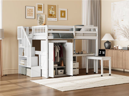 Loft Bed With Stairs, Bookshelf, Drawers, Desk & Wardrobe, Space Saving Multifunctional Furniture