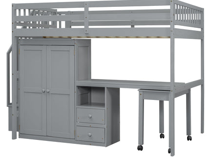 Loft Bed With Stairs, Bookshelf, Drawers, Desk & Wardrobe, Space Saving Multifunctional Furniture