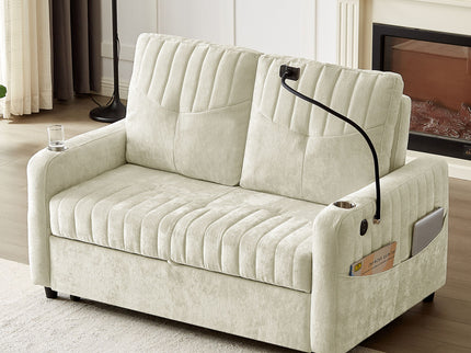 Modern Loveseat Pull Out Sofa Bed With Adjustable Backrest, Two Cup Holders, A Phone Holder, Three Charging Ports And Side Storage Pockets For Living Room