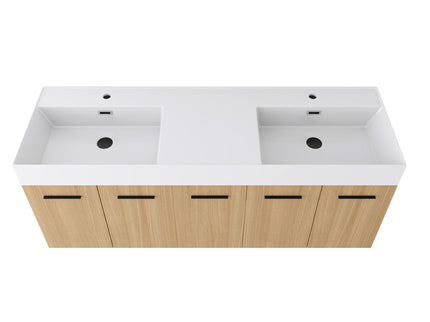 Floating Double Sink Bathroom Vanity With Extra Large Storage, Integrated Sink, Soft Close Doors, Wall Mounted Bath Vanity - Glossy White / Light Oak