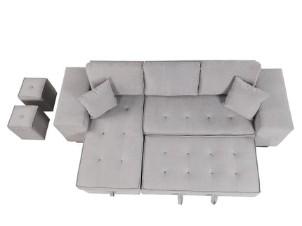 Modern L-Shape 3 Seat Reversible Sectional Couch, Pull Out Sleeper Sofa With Storage Chaise And 2 Stools For Living Room Furniture Set