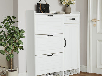 Shoe Cabinet With 4 Doors 1 Drawers, PVC Door With Shape, Large Space For Storage - White