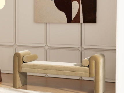 Mason - Arched Arm Bench With Bolster Pillows - Camel Brown Beige