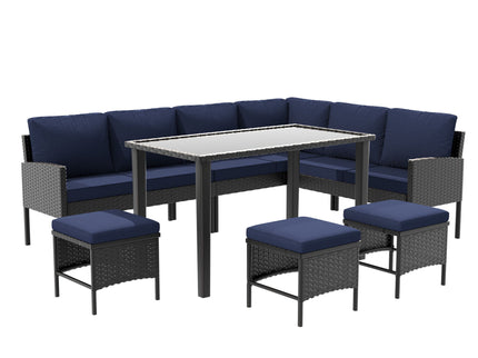 7 Piece Outdoor Furniture Set With Waterproof Cushions, Glass Table, And Space Saving Design - Blue