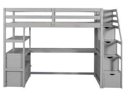 Loft Bed With Desk, Shelves, 2 Drawers, Storage Staircase