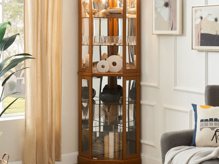 6 Shelf Corner Curio Display Cabinet With Lights, Mirrors And Adjustable Shelves (E26 Light Bulb Not Included)