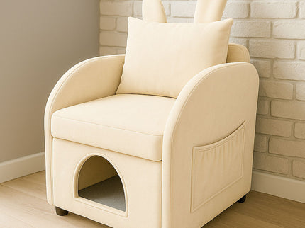 Bunny Ear Pet Friendly Armchair With Hidden Pet House With Storage Pocket For Bedroom & Living Room - Beige