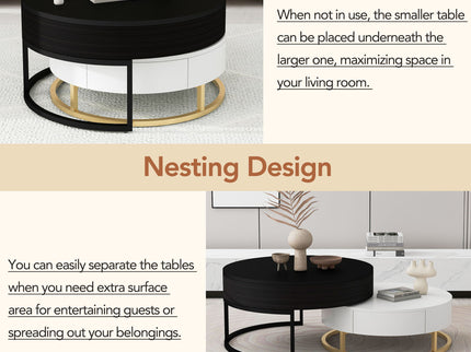 Modern Round Lift-Top Nesting Coffee Tables With 2 Drawers