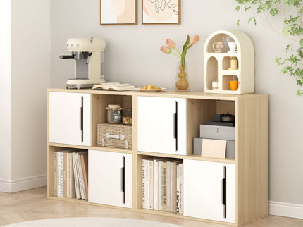 Storage Cabinet With Sliding Doors, 2 Tier Open And Closed Shelves Organizer - Natural / White