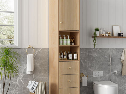 Tall Bathroom Cabinet With 1 Door, 3 Drawers, Open Storage - Wood