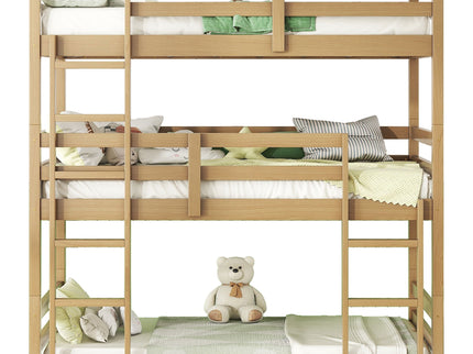 Twin Over Twin Over Twin Triple Bunk Bed With 2 Built In Ladders, Guardrails - Natural